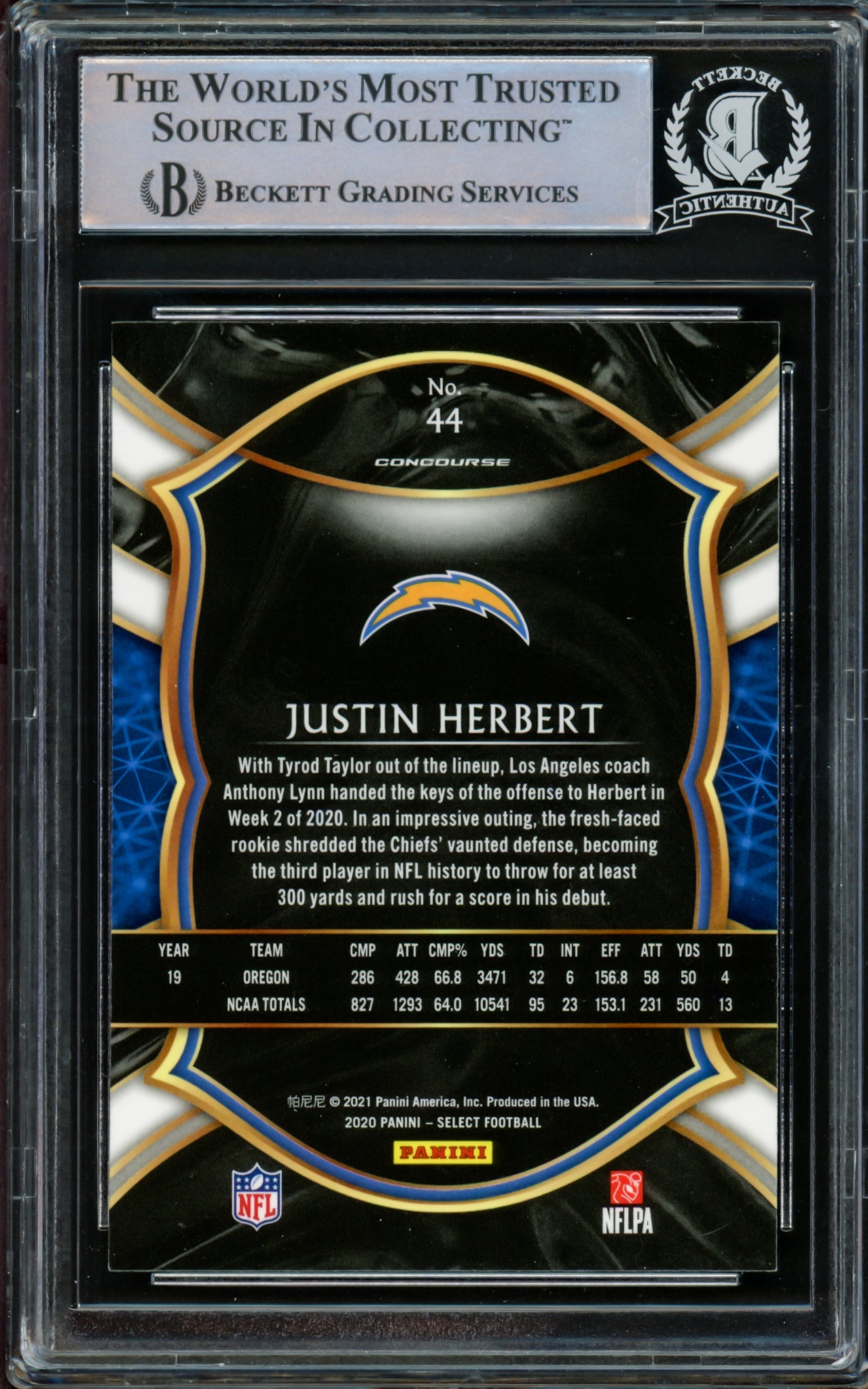 Justin Herbert Autographed 2020 Panini Select Concourse Level Rookie Card #44 Los Angeles Chargers Beckett BAS #14231503