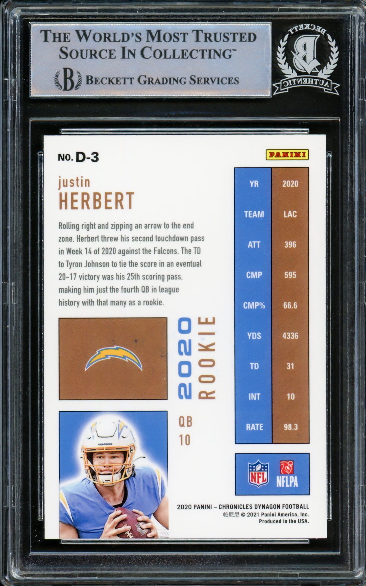 Justin Herbert Autographed 2020 Panini Chronicles Dynagon Rookie Card #D-3 Los Angeles Chargers Beckett BAS #14231505