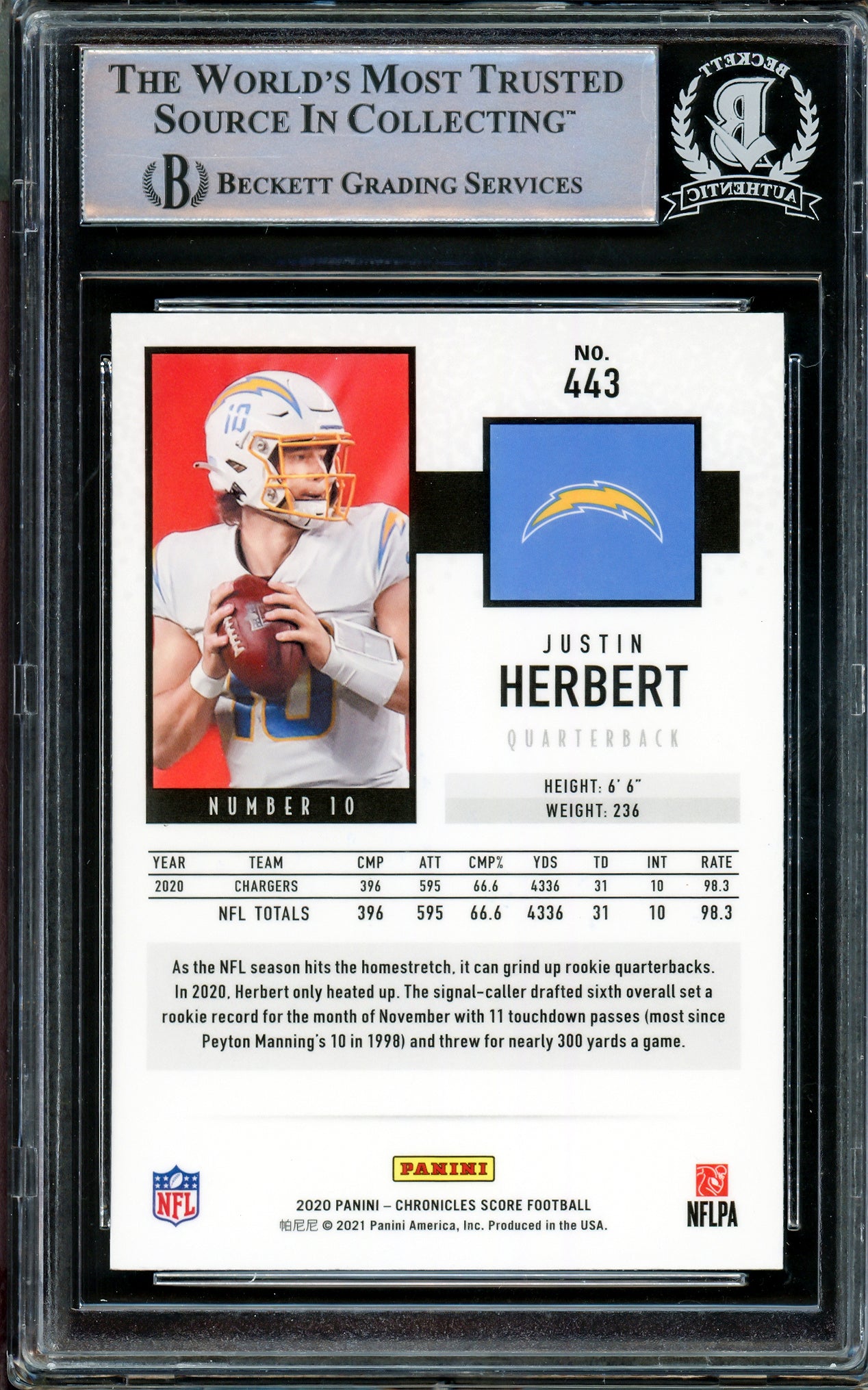 Justin Herbert Autographed 2020 Score Rookie Card #443 Los Angeles Chargers Beckett BAS Stock #206592