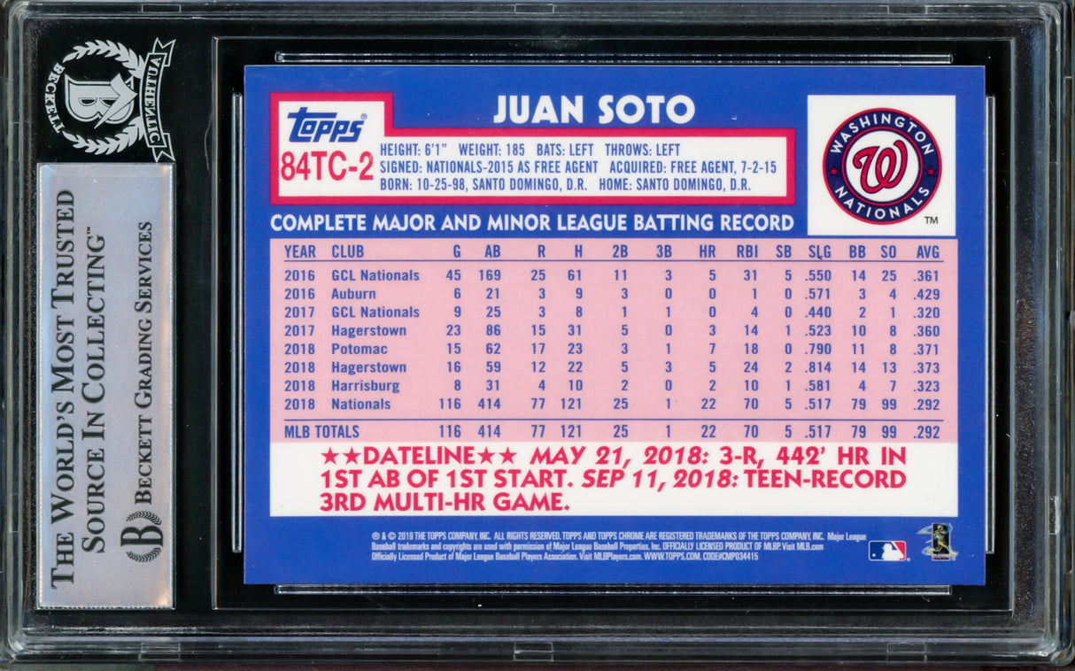 Juan Soto Autographed 2019 Topps Chrome Refractor 1984 Rookie Card #84TC-2 New York Mets Beckett BAS #14231624