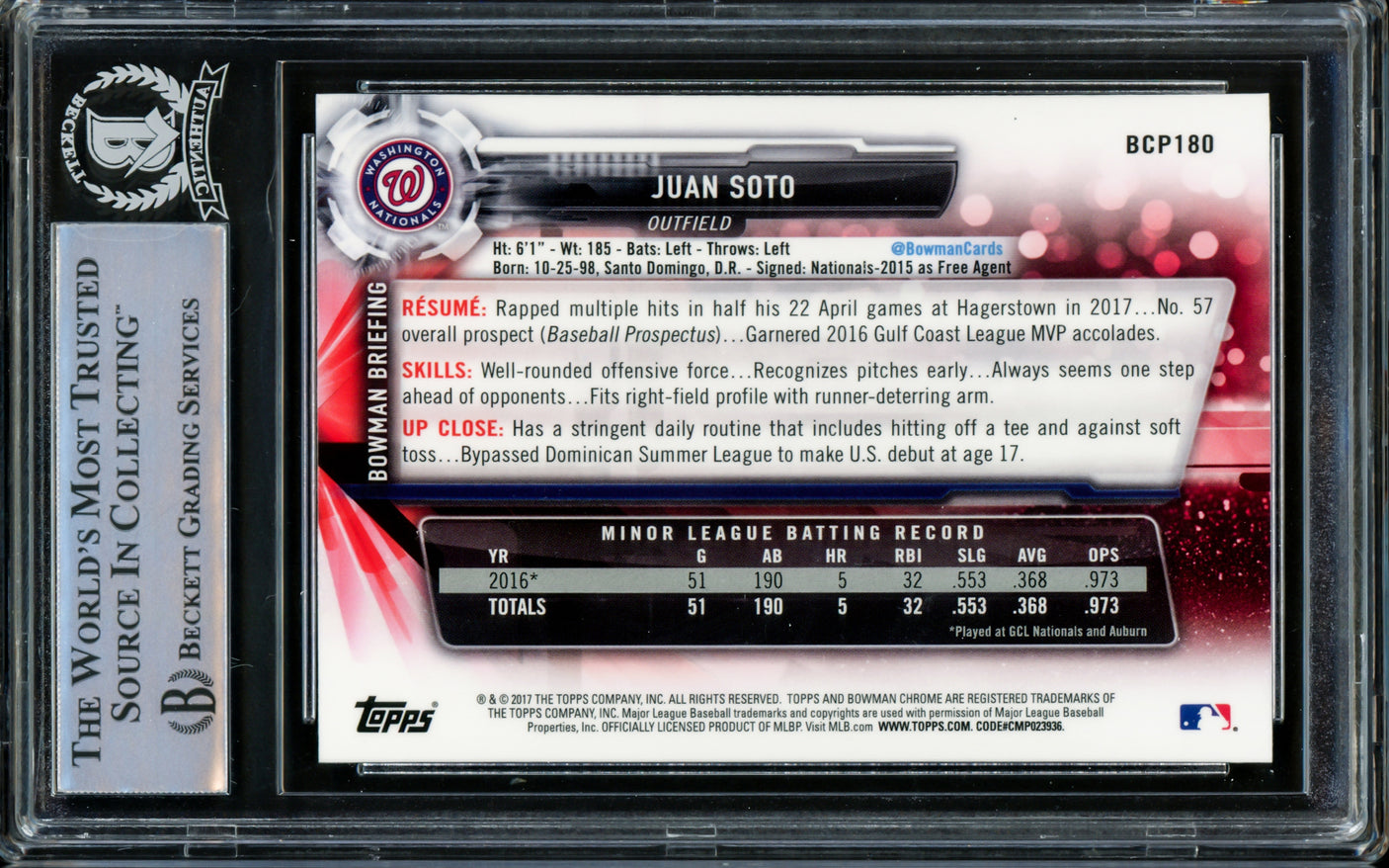 Juan Soto Autographed 2017 Bowman Chrome Prospects Rookie Card #BCP180 New York Mets Beckett BAS #14231631