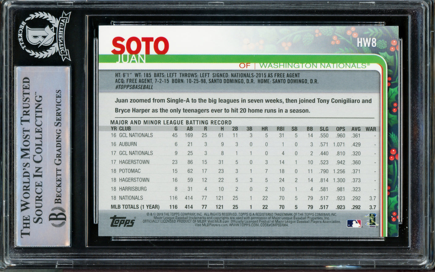 Juan Soto Autographed 2019 Topps Holiday Rookie Card #HW8 New York Mets Beckett BAS #14231632