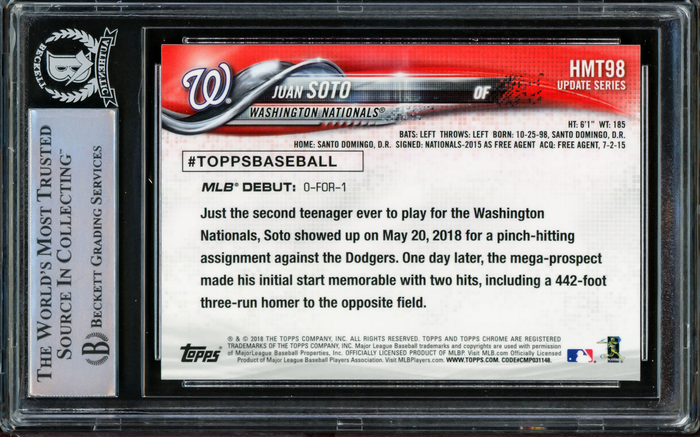 Juan Soto Autographed 2018 Topps Chrome Update Rookie Card #HMT98 New York Mets Beckett BAS #14231634
