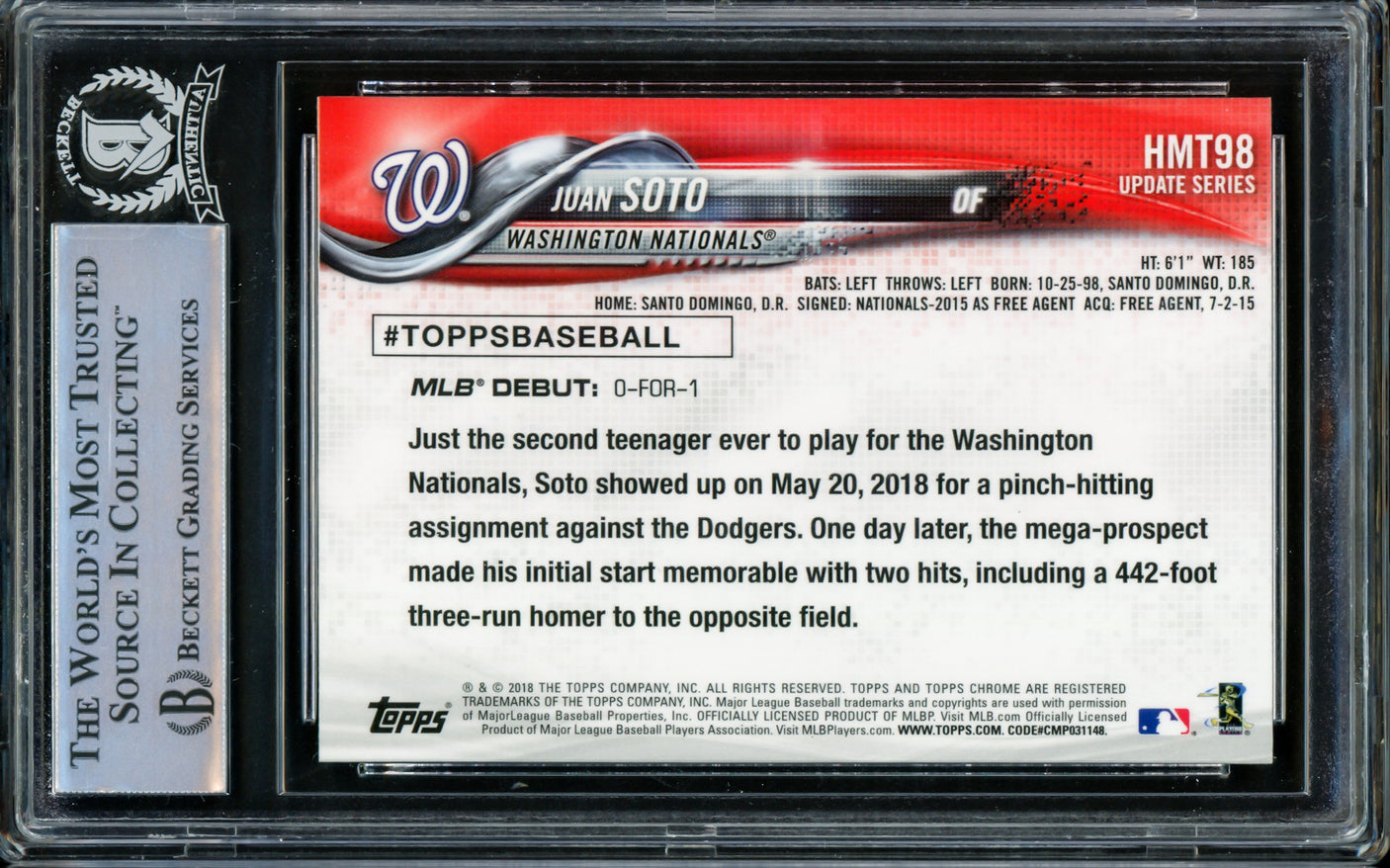 Juan Soto Autographed 2018 Topps Chrome Update Rookie Card #HMT98 New York Mets Beckett BAS #14231635