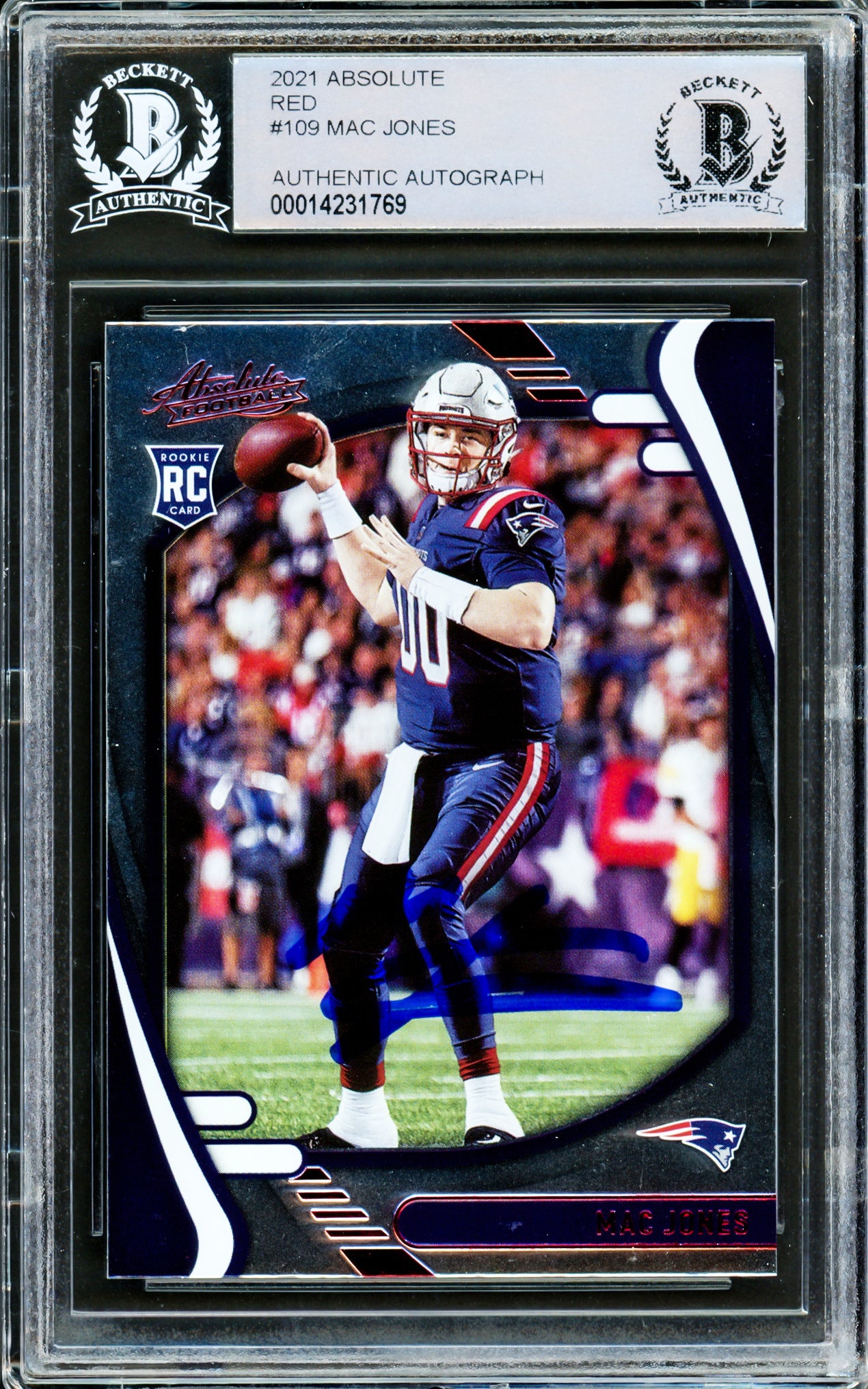 Mac Jones Autographed 2021 Panini Absolute Red Rookie Card #109 New England Patriots Beckett BAS #14231769