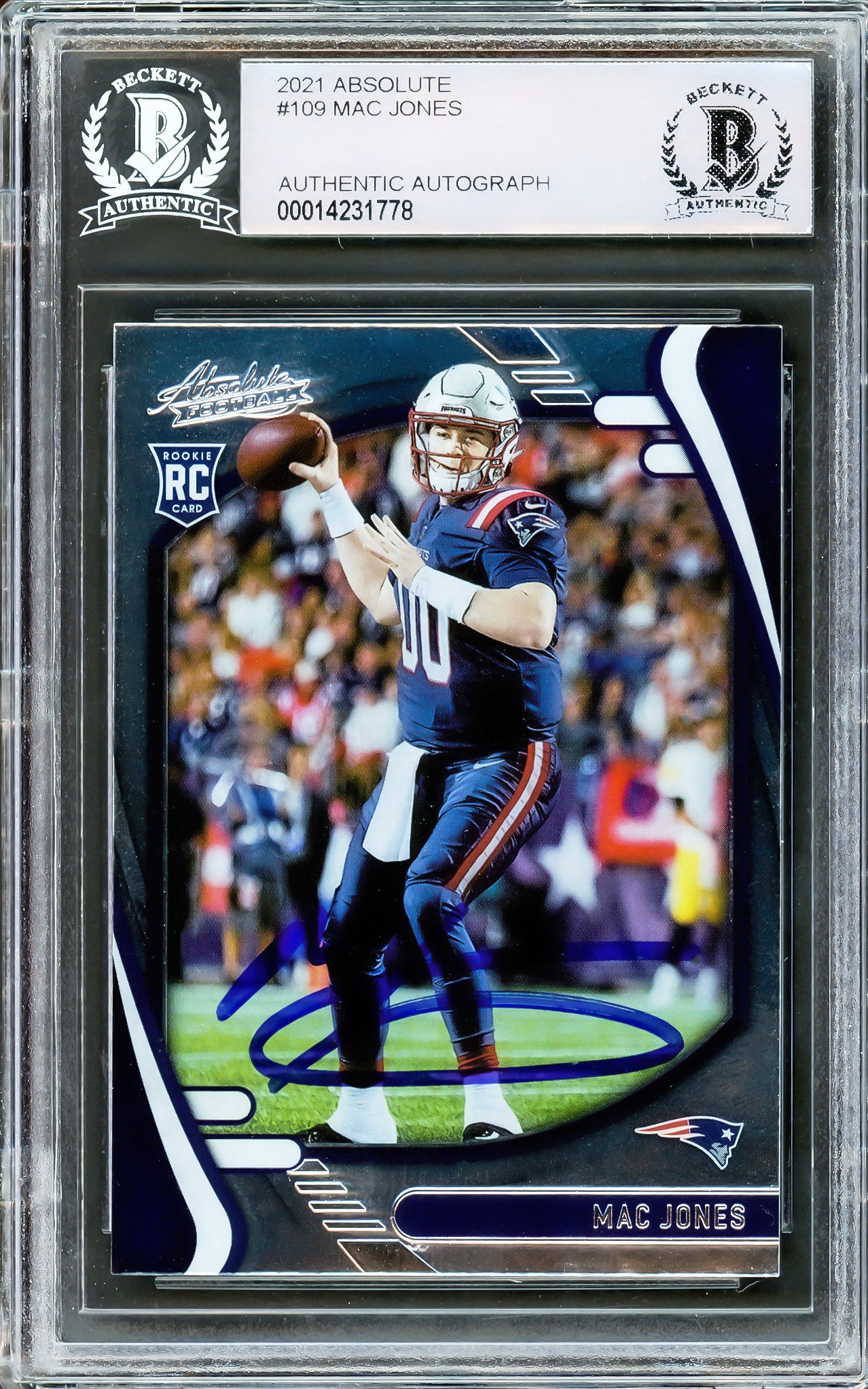 Mac Jones Autographed 2021 Panini Absolute Rookie Card #109 New England Patriots Beckett BAS Stock #206634