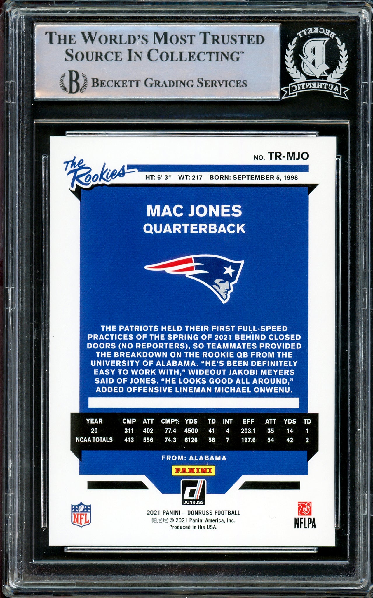 Mac Jones Autographed 2021 Panini Donruss The Rookies Rookie Card #TR-MJO New England Patriots Beckett BAS Stock #206638