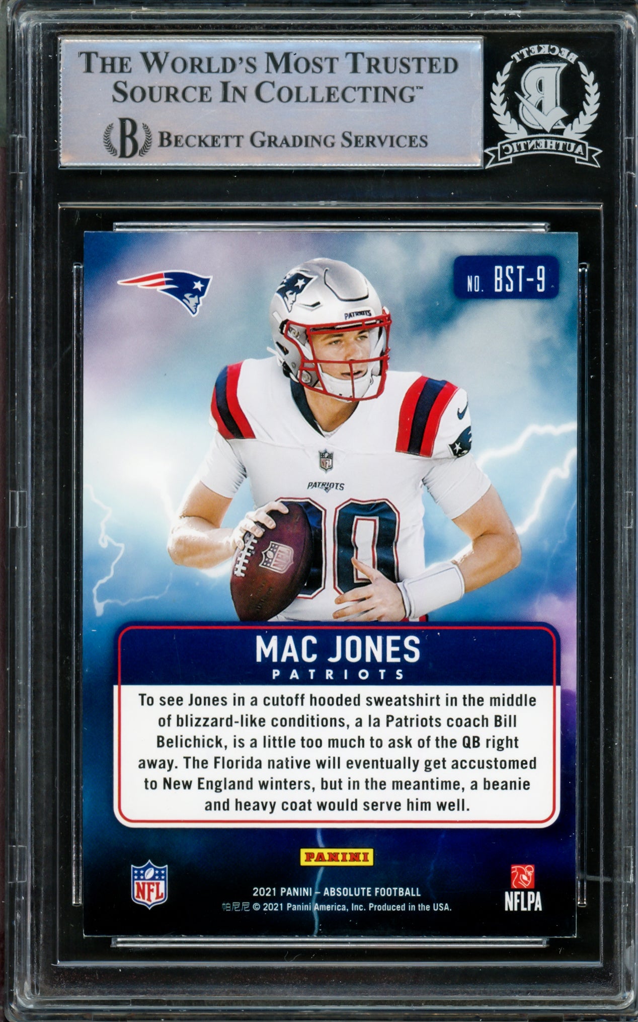 Mac Jones Autographed 2021 Panini Absolute By Storm Rookie Card #BST-9 New England Patriots Signed High Beckett BAS #14231898