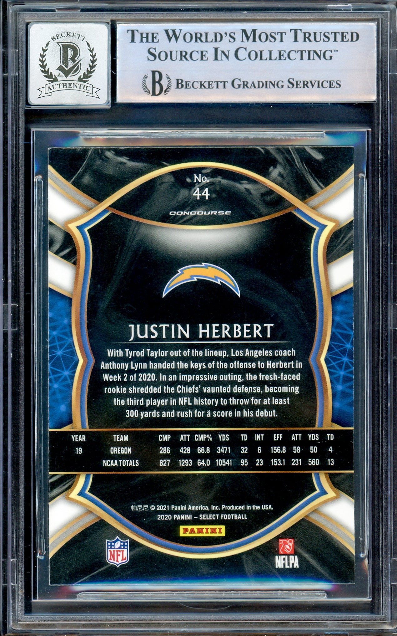 Justin Herbert Autographed 2020 Panini Select Concourse Level Rookie Card #44 Los Angeles Chargers Auto Grade Gem Mint 10 Beckett BAS Stock #206670