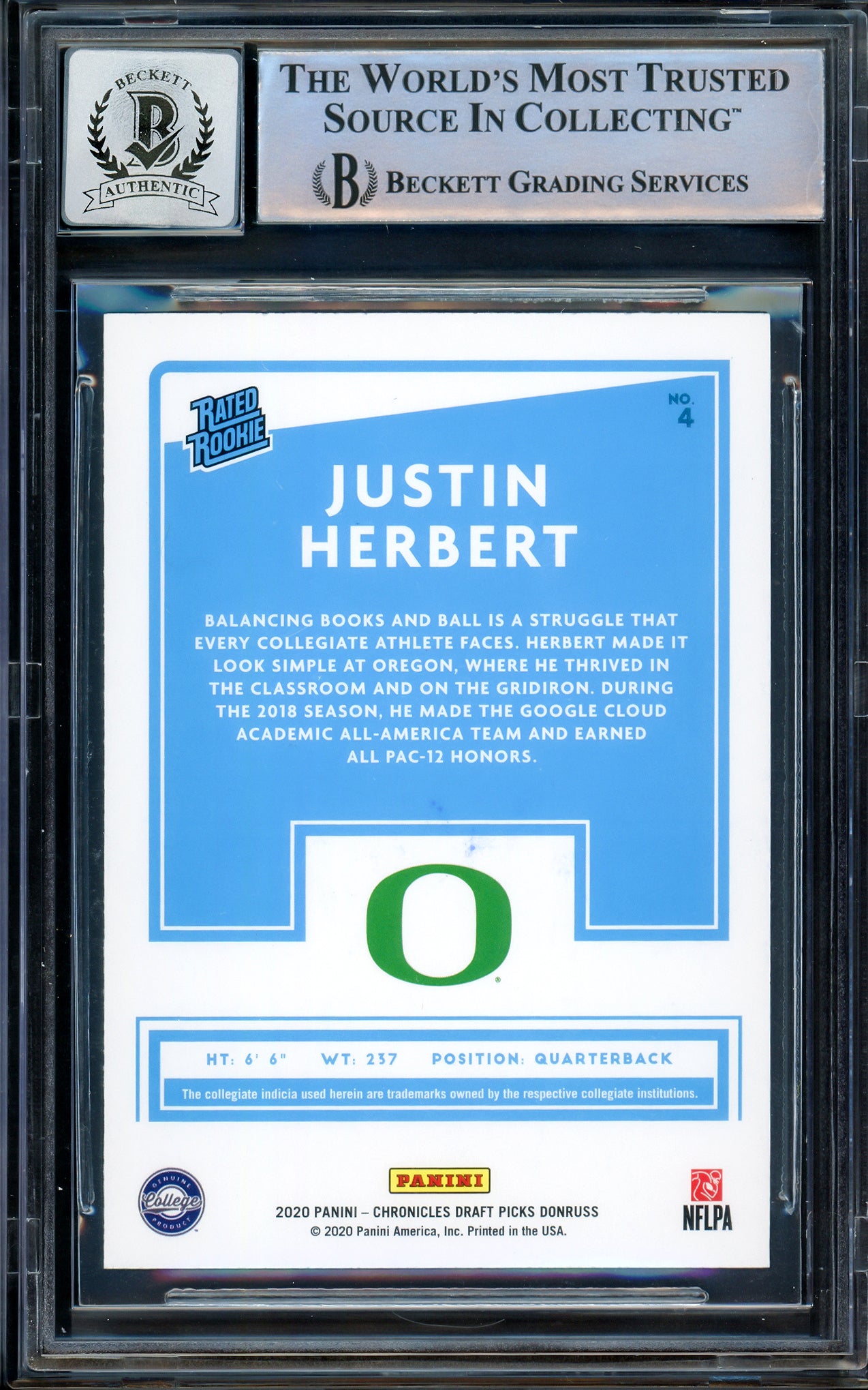 Justin Herbert Autographed 2020 Donruss Rated Rookie Card #4 Oregon Ducks Auto Grade Gem Mint 10 Beckett BAS Stock #206672