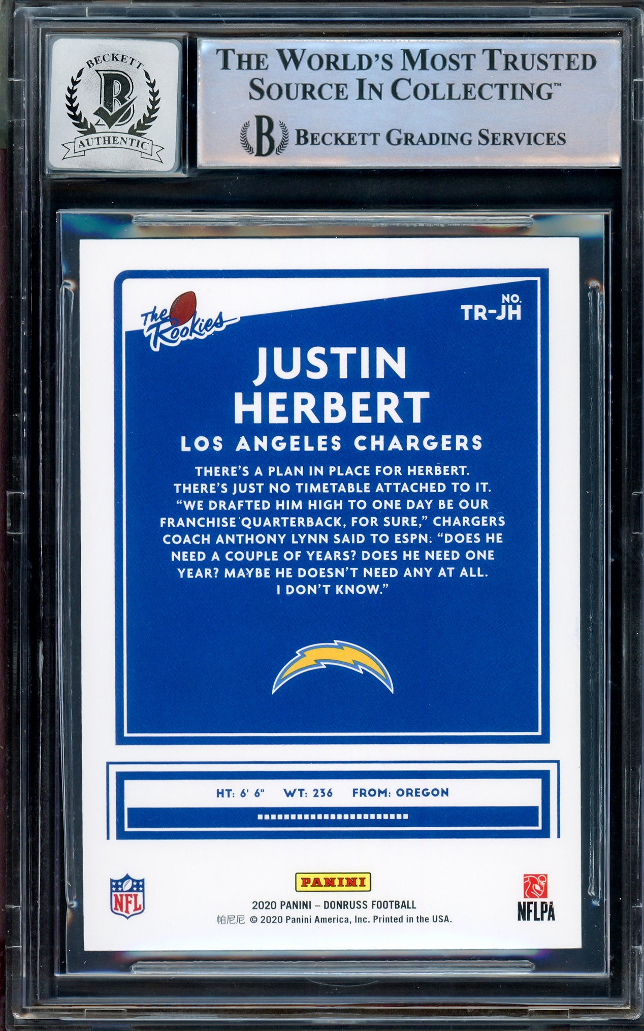 Justin Herbert Autographed 2020 Donruss Optic The Rookies Checkerboard Rookie Card #TR-JH Los Angeles Chargers Auto Grade Gem Mint 10 Beckett BAS Stock #206673