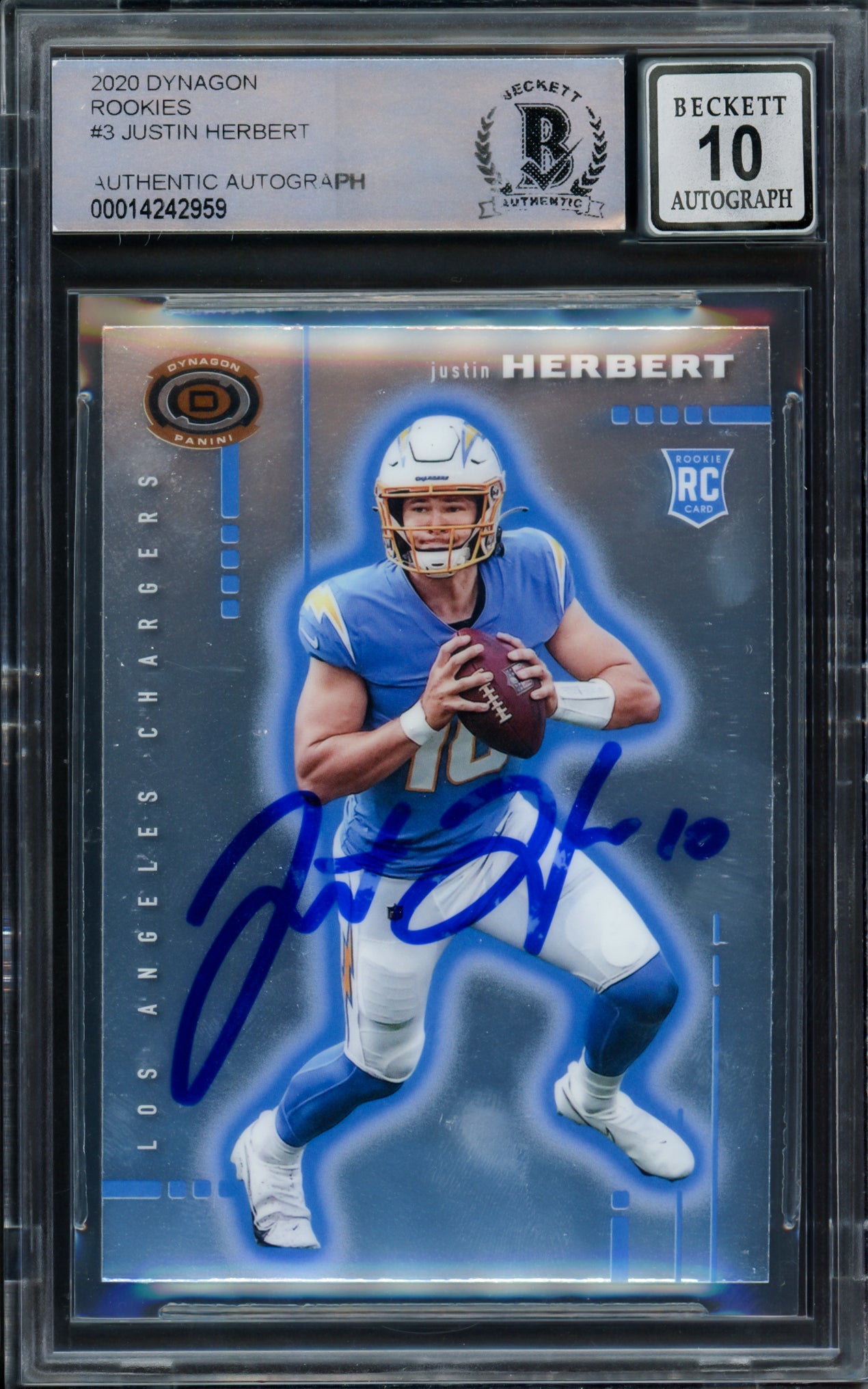 Justin Herbert Autographed 2020 Panini Chronicles Dynagon Rookie Card #D-3 Los Angeles Chargers Auto Grade Gem Mint 10 Beckett BAS #14242959