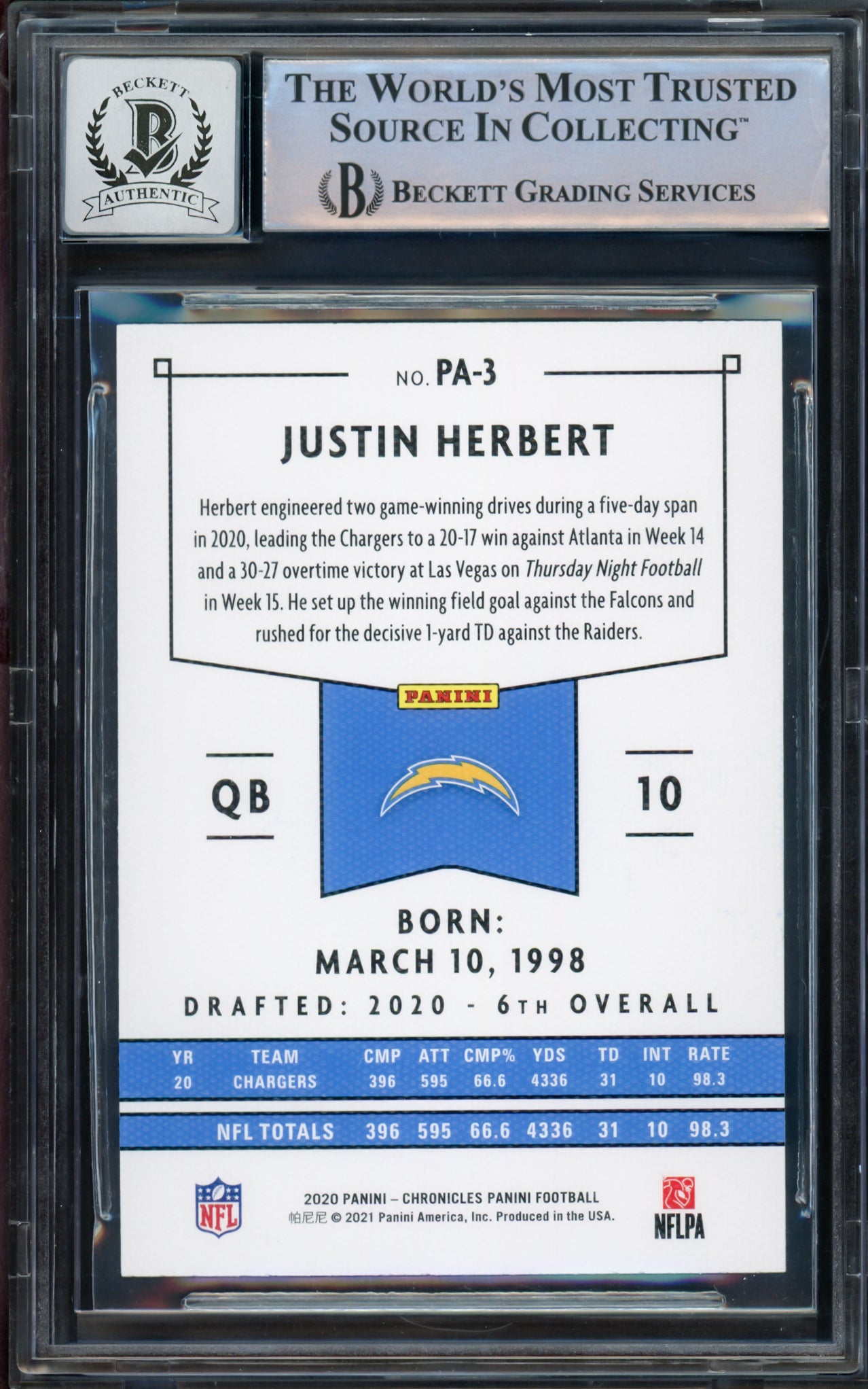 Justin Herbert Autographed 2020 Chronicles Panini Pink Parallel Rookie Card #PA-3 Los Angeles Chargers Auto Grade Gem Mint 10 Beckett BAS #14243048