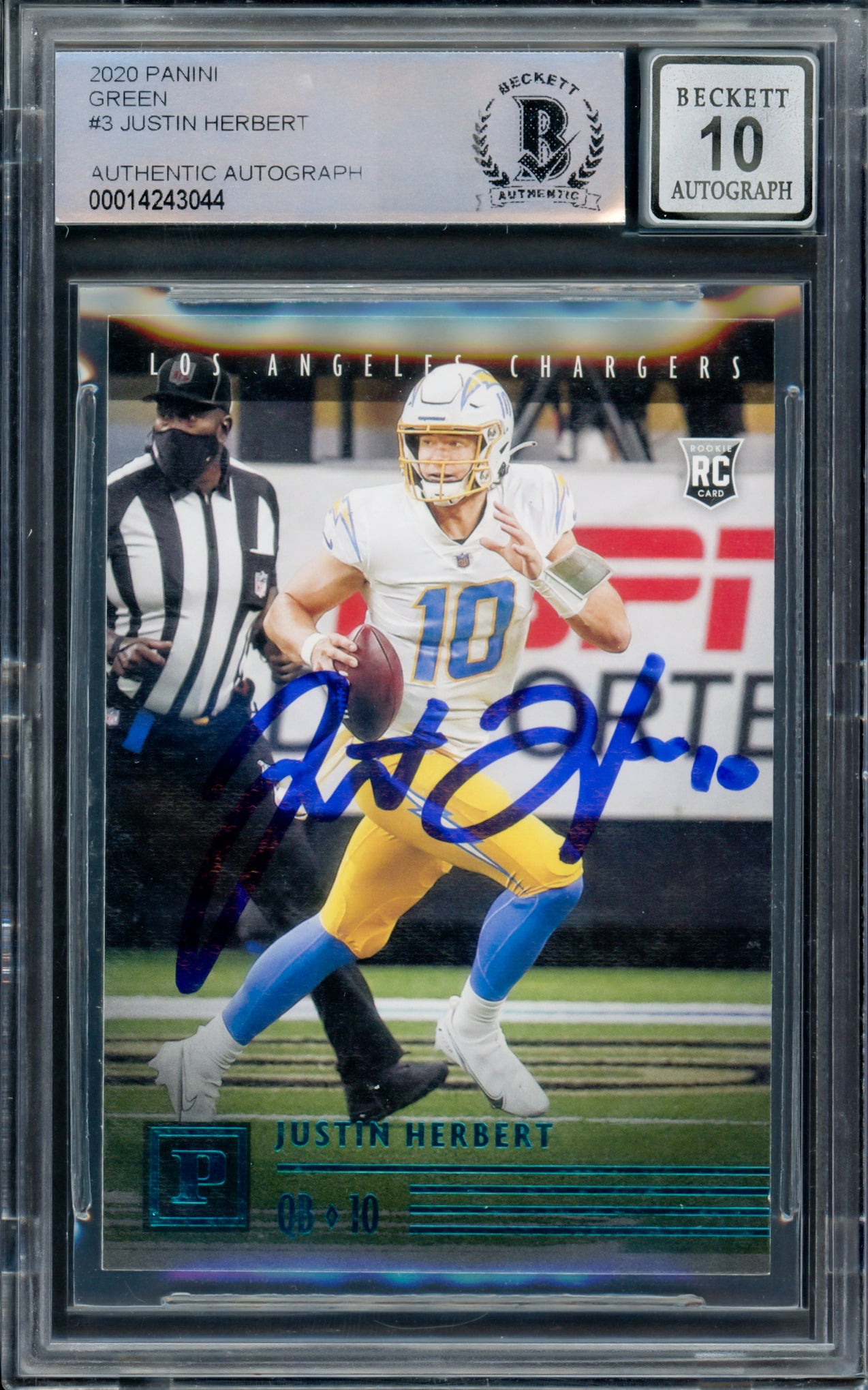 Justin Herbert Autographed 2020 Chronicles Panini Green Parallel Rookie Card #PA-3 Los Angeles Chargers Auto Grade Gem Mint 10 Beckett BAS #14243044