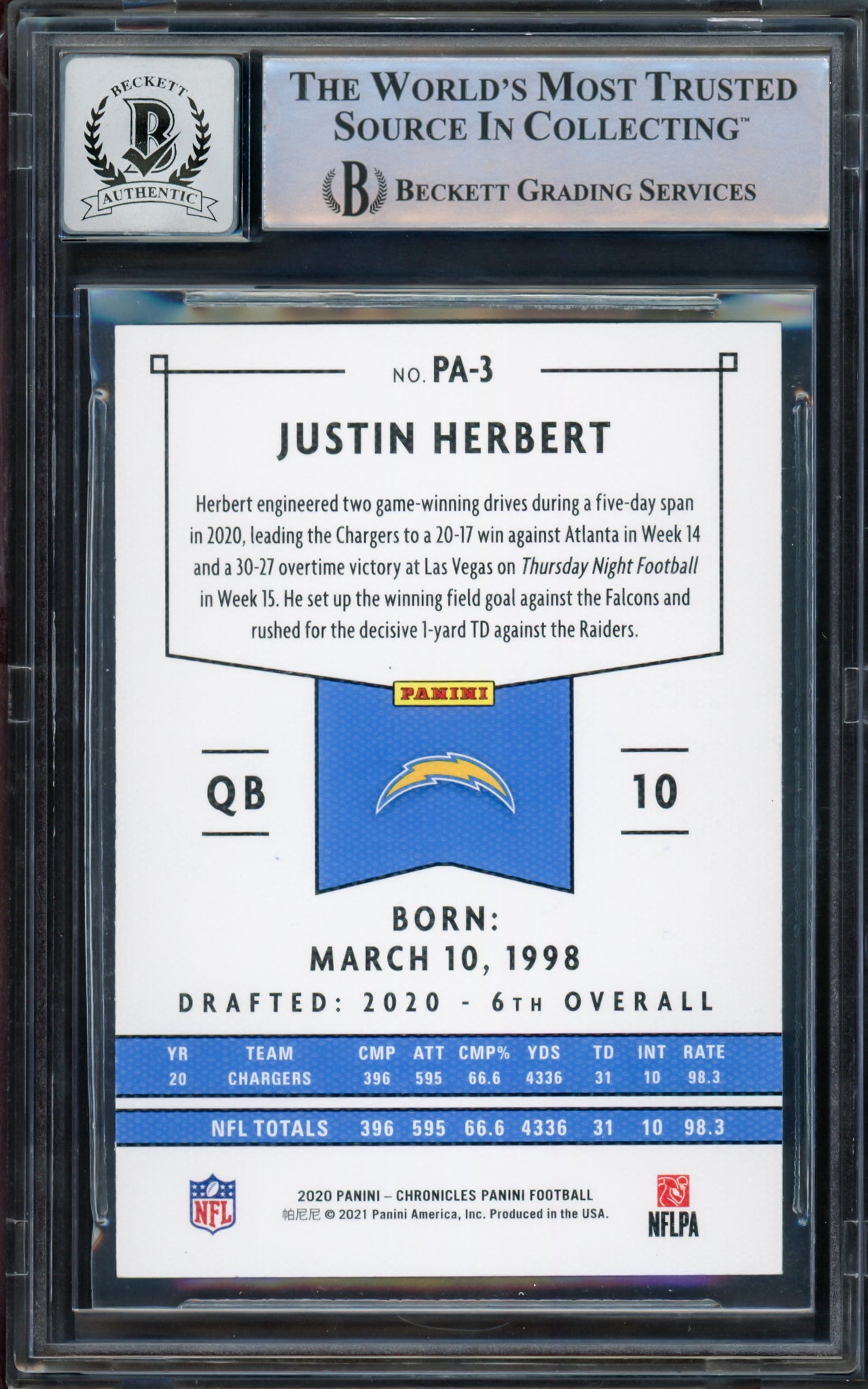 Justin Herbert Autographed 2020 Chronicles Panini Green Parallel Rookie Card #PA-3 Los Angeles Chargers Auto Grade Gem Mint 10 Beckett BAS #14243042