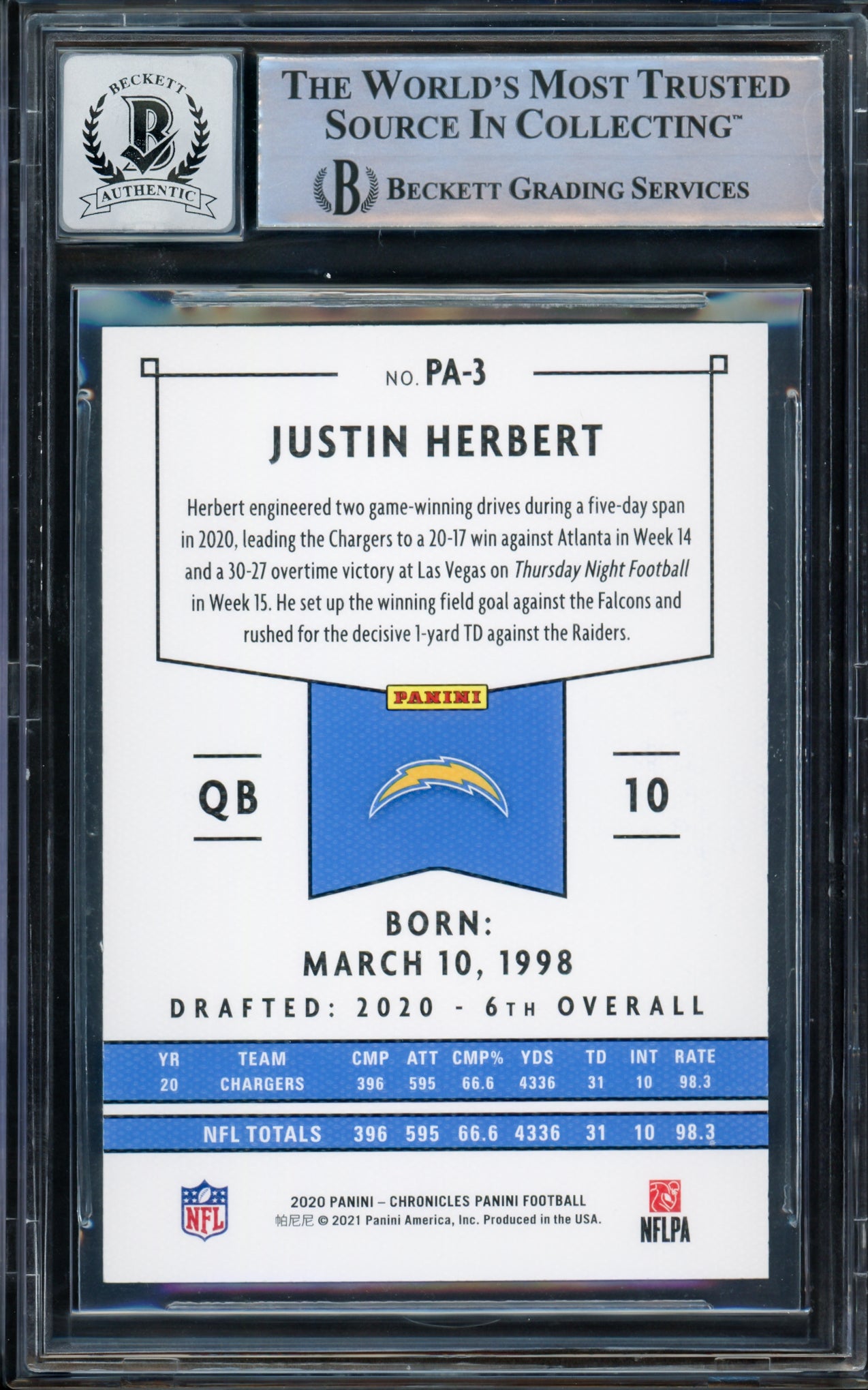Justin Herbert Autographed 2020 Chronicles Panini Green Parallel Rookie Card #PA-3 Los Angeles Chargers Auto Grade Gem Mint 10 Beckett BAS #14243043