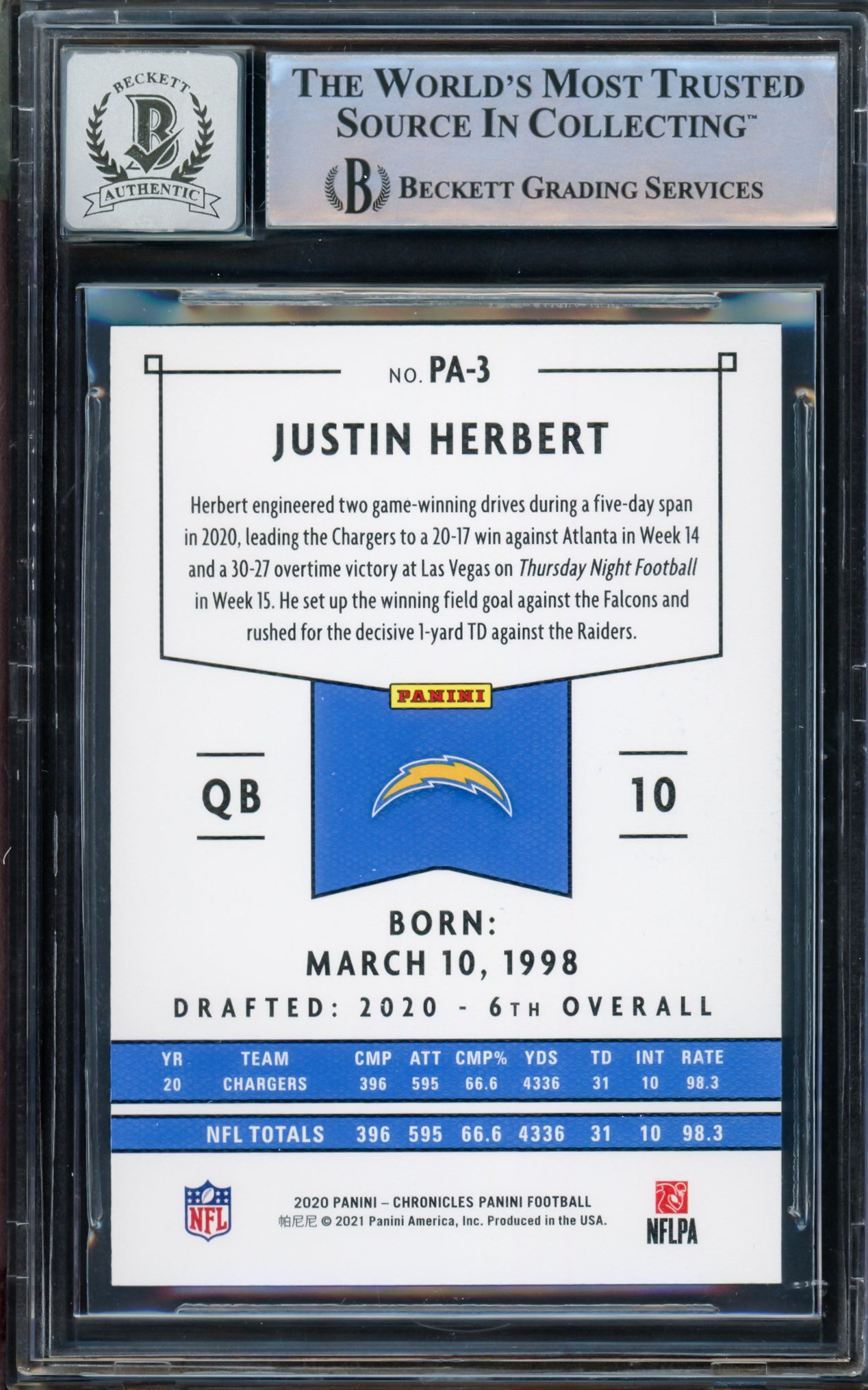 Justin Herbert Autographed 2020 Chronicles Panini Rookie Card #PA-3 Los Angeles Chargers Auto Grade Gem Mint 10 Beckett BAS Stock #206689
