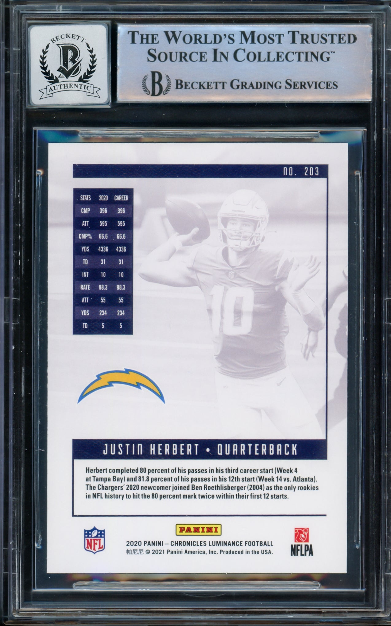 Justin Herbert Autographed 2020 Panini Luminance Rookie Card #203 Los Angeles Chargers Auto Grade Gem Mint 10 Stock #206692