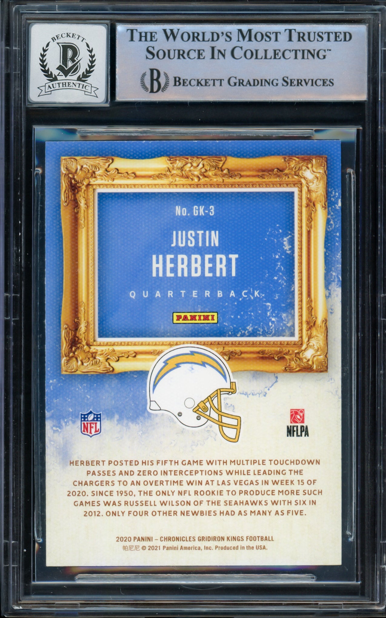 Justin Herbert Autographed 2020 Panini Chronicles Gridiron Kings Pink Rookie Card #GK-3 Los Angeles Chargers Auto Grade Gem Mint 10 Beckett BAS #14243208