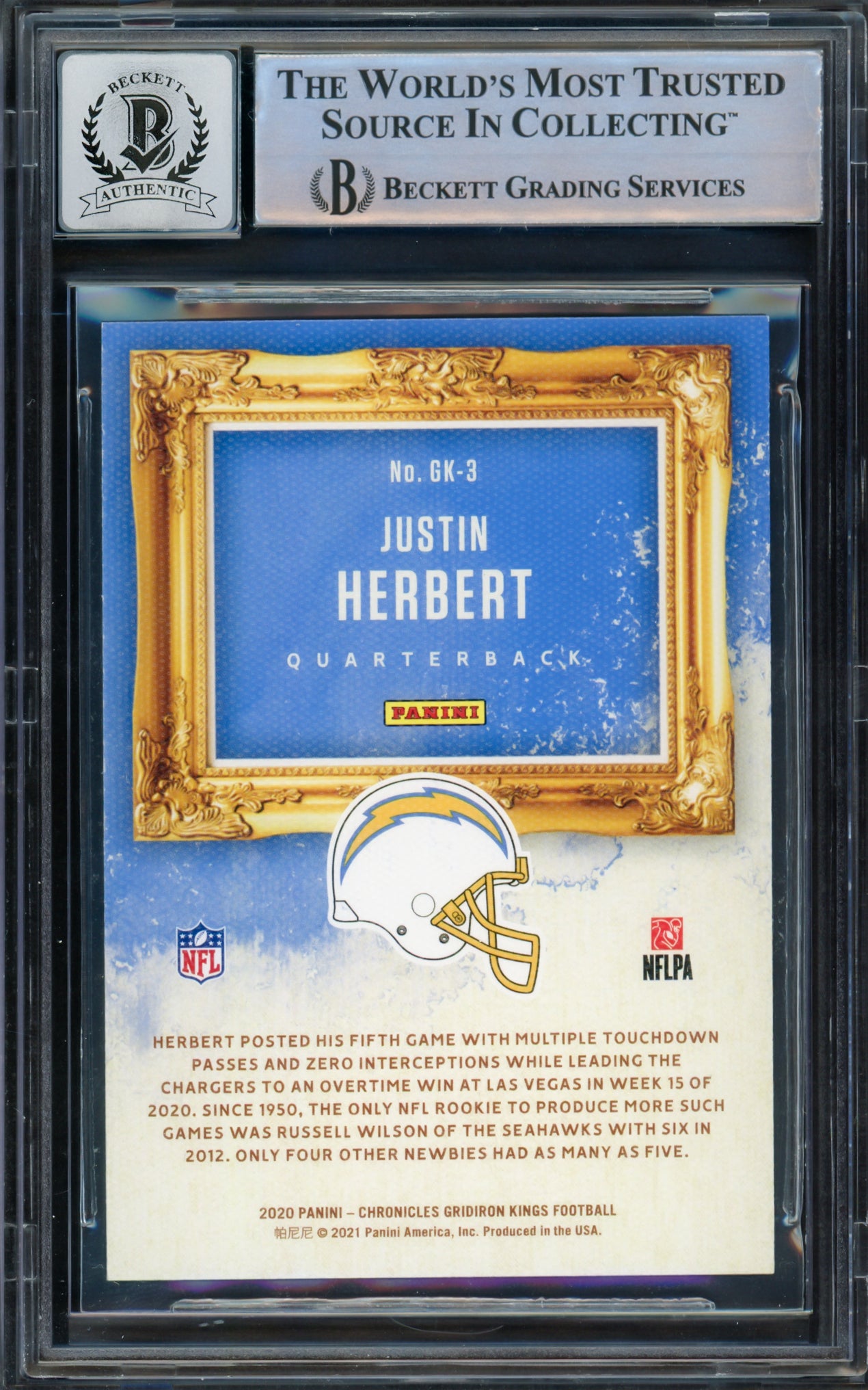 Justin Herbert Autographed 2020 Panini Chronicles Gridiron Kings Green Rookie Card #GK-3 Los Angeles Chargers Auto Grade Gem Mint 10 Beckett BAS #14243212