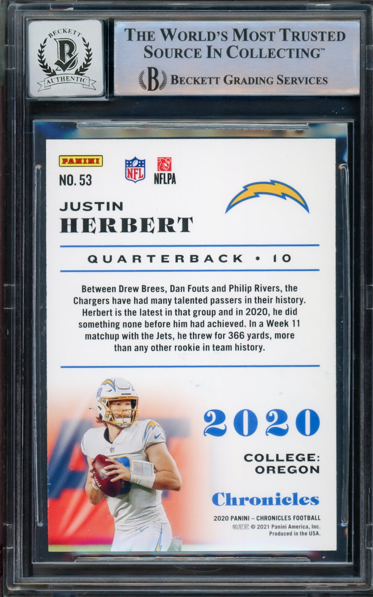 Justin Herbert Autographed 2020 Panini Chronicles Bronze Parallel Rookie Card #53 Los Angeles Chargers Auto Grade Gem Mint 10 Beckett BAS #14243307