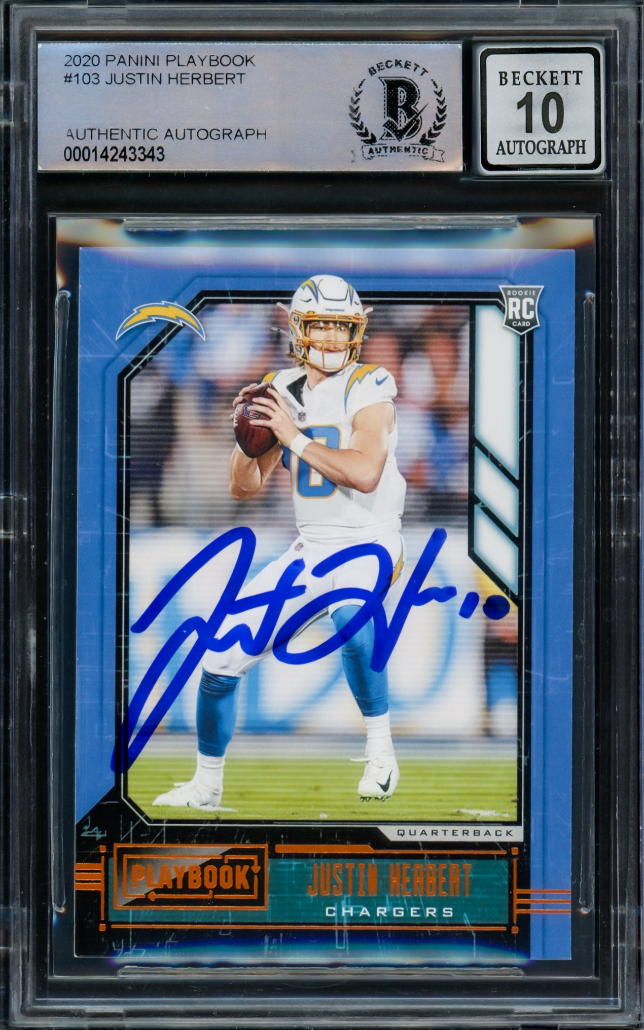Justin Herbert Autographed 2020 Panini Playbook Rookie Card #103 Los Angeles Chargers Auto Grade Gem Mint 10 Beckett BAS #14243343