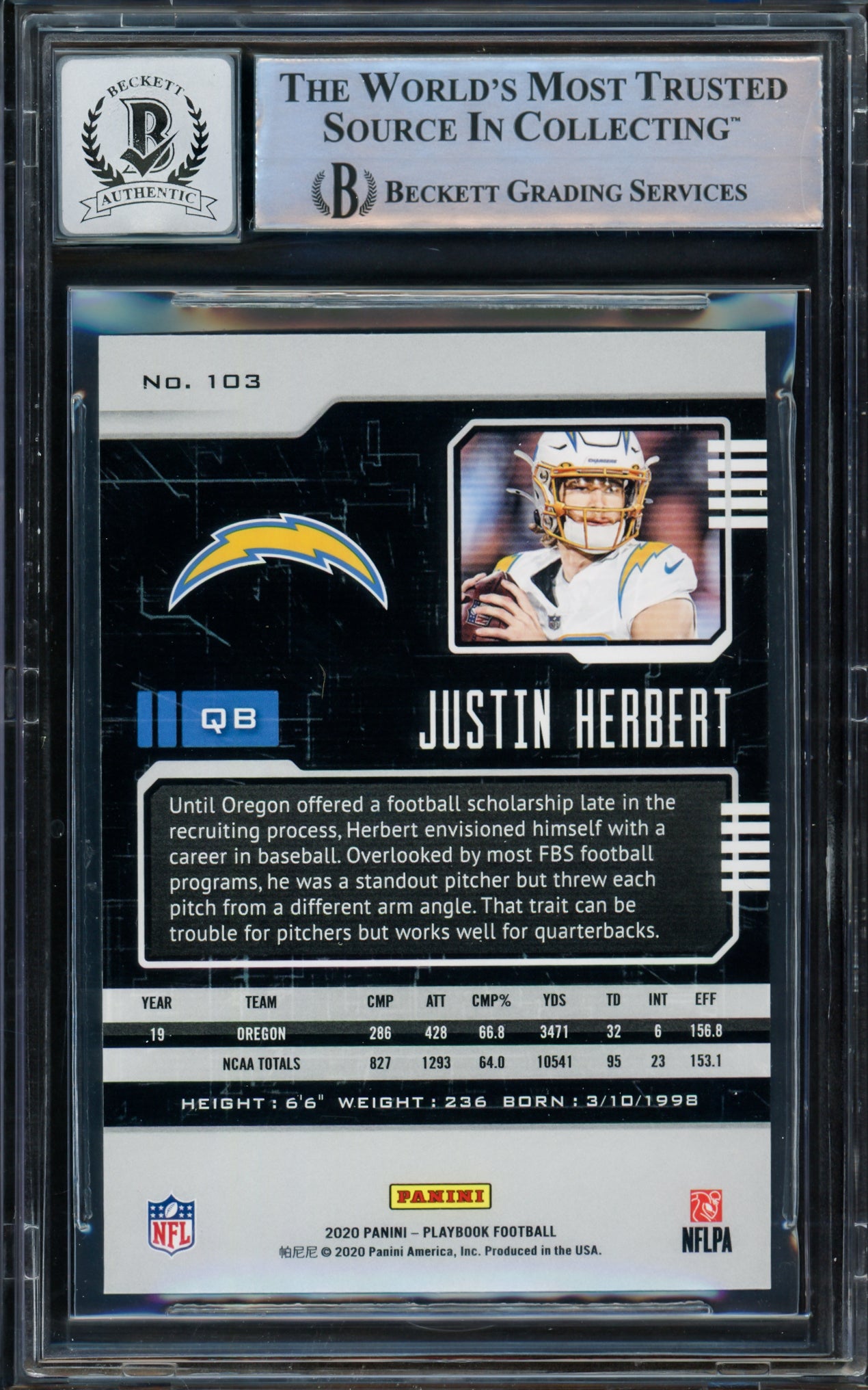 Justin Herbert Autographed 2020 Panini Playbook Rookie Card #103 Los Angeles Chargers Auto Grade Gem Mint 10 Beckett BAS #14243343