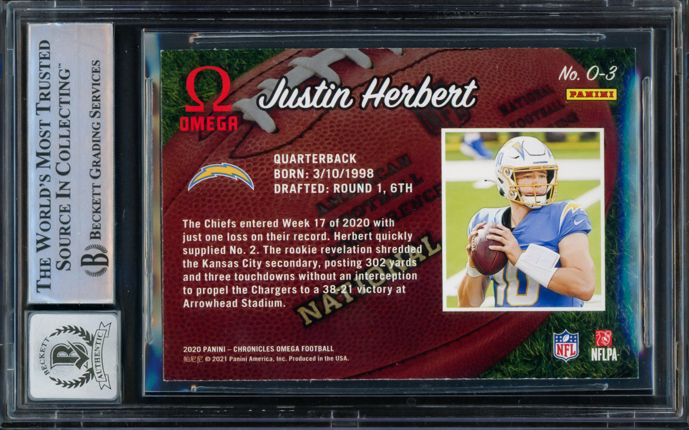 Justin Herbert Autographed 2020 Panini Chronicles Omega Rookie Card #O-3 Los Angeles Chargers Auto Grade Gem Mint 10 Beckett BAS #14243353
