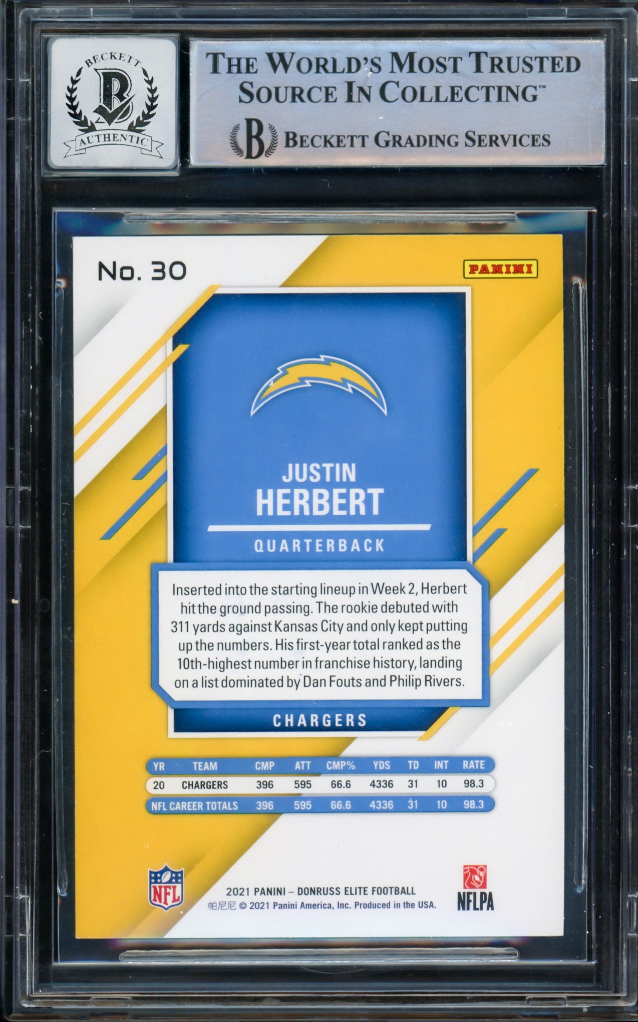 Justin Herbert Autographed 2021 Panini Donruss Elite Refractor Card #30 Los Angeles Chargers Auto Grade Gem Mint 10 Beckett BAS #14243356