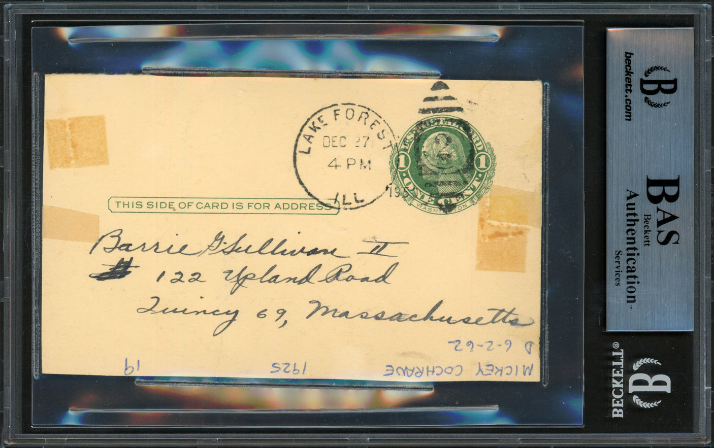 Mickey Cochrane Autographed 3"x5" Government Postcard Detroit Tigers "To Barrie" (Trimmed Down) Beckett BAS #14232625