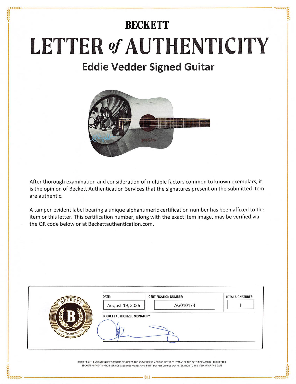 Eddie Vedder Pearl Jam Authentic Signed Rogue Acoustic Guitar BAS #AG010174