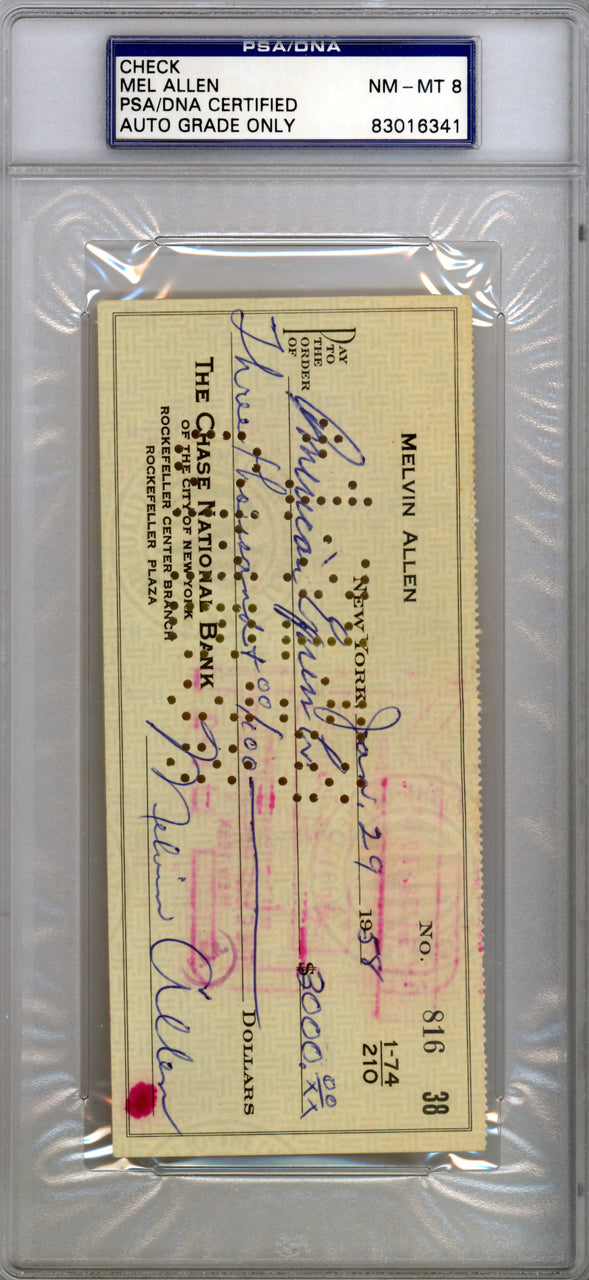 Mel Allen Autographed 3x6 Check New York Yankees Near Mint 8 PSA/DNA #83016341