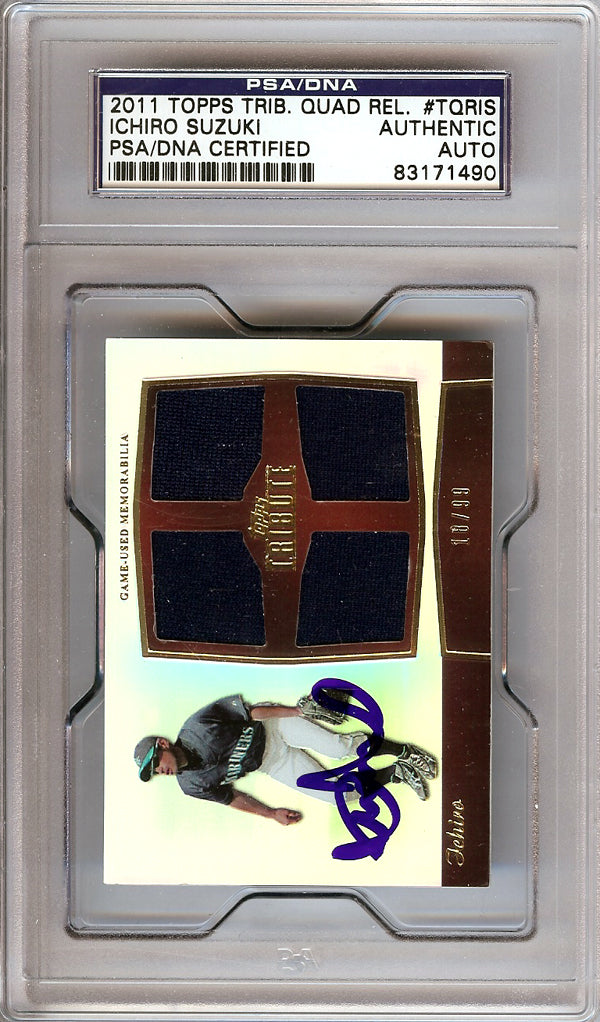 Ichiro Suzuki Autographed 2011 Topps Tribute Quad Relic Card #TQRIS Seattle Mariners PSA/DNA #83171490