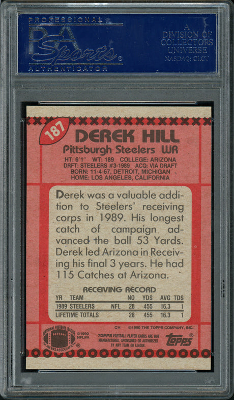 Derek Hill Autographed 1990 Topps Rookie Card #187 Pittsburgh Steelers PSA/DNA #83469797