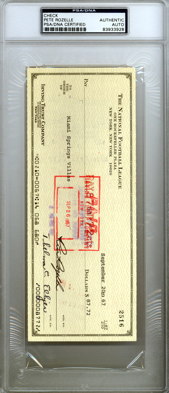 Pete Rozelle Autographed 3.5x8.5 Check NFL Commissioner PSA/DNA #83933928