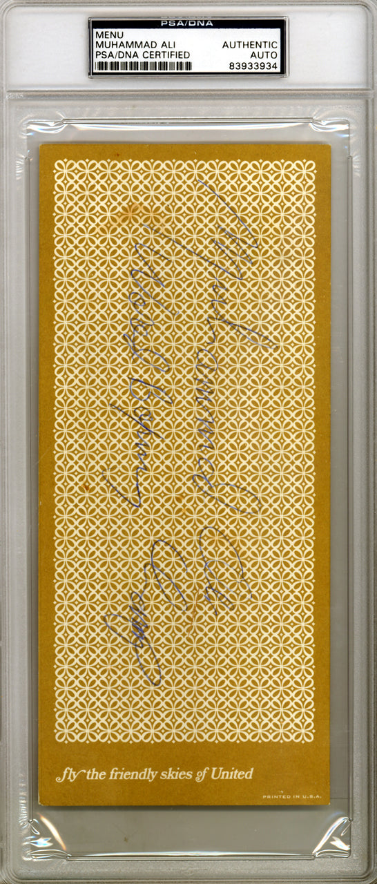 Muhammad Ali Autographed 4x9 United Airlines Menu "World Boxing Champ" PSA/DNA #83933934