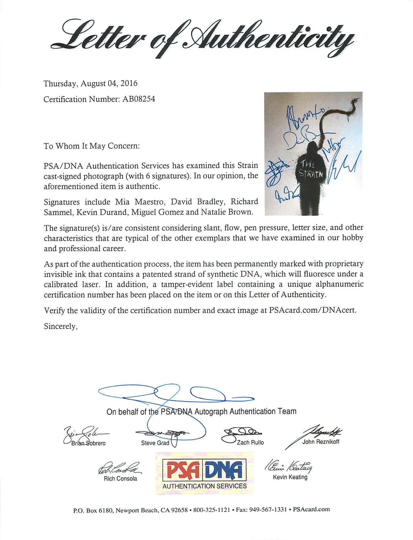 The Strain (Mia Maestro David Bradley +4) Signed 11X14 Photo PSA/DNA #AB08254