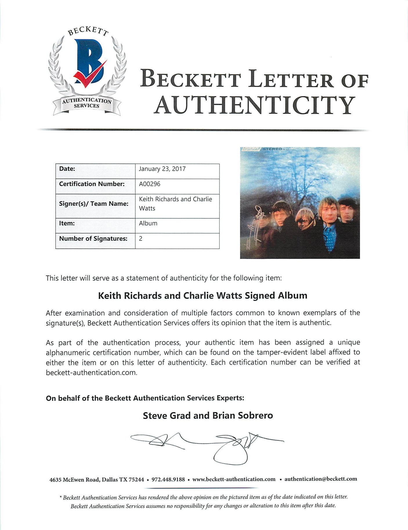 Rolling Stones Keith Richards & Charlie Watts Signed Album Cover W/ Vinyl BAS