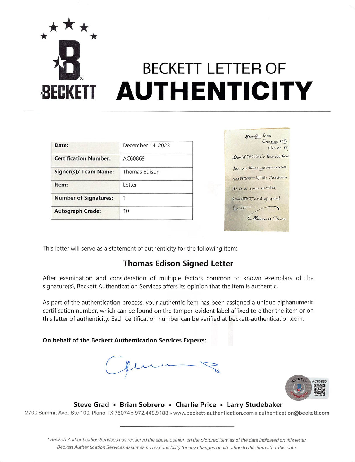 Thomas Edison Authentic Signed Handwritten Letter Auto Graded 10! BAS #AC60869