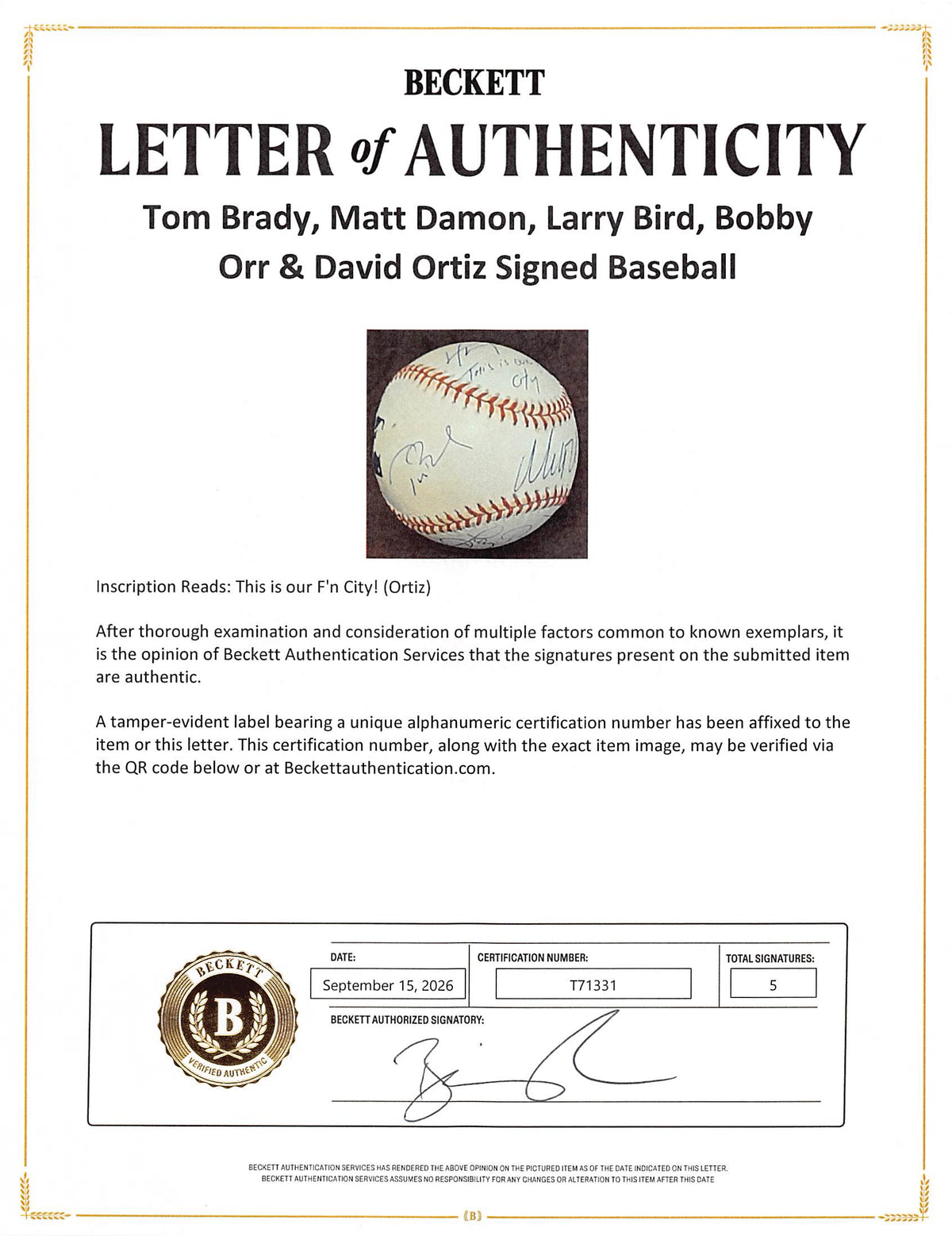 Boston Strong (5) Damon, Brady, Ortiz, Orr & Bird Signed Baseball BAS #T71331