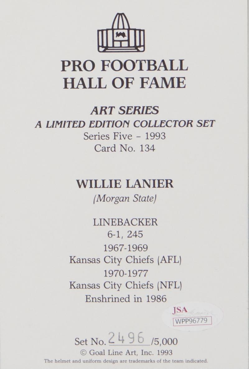 Willie Lanier Autographed KC Chiefs Goal Line Art Card W/ HOF- JSA W Auth *Blue