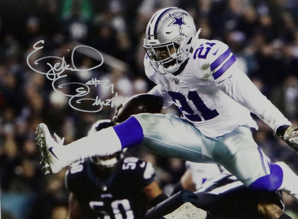 Ezekiel Elliott Signed Cowboys 16x20 PF Photo Jumping Side View- Beckett Auth