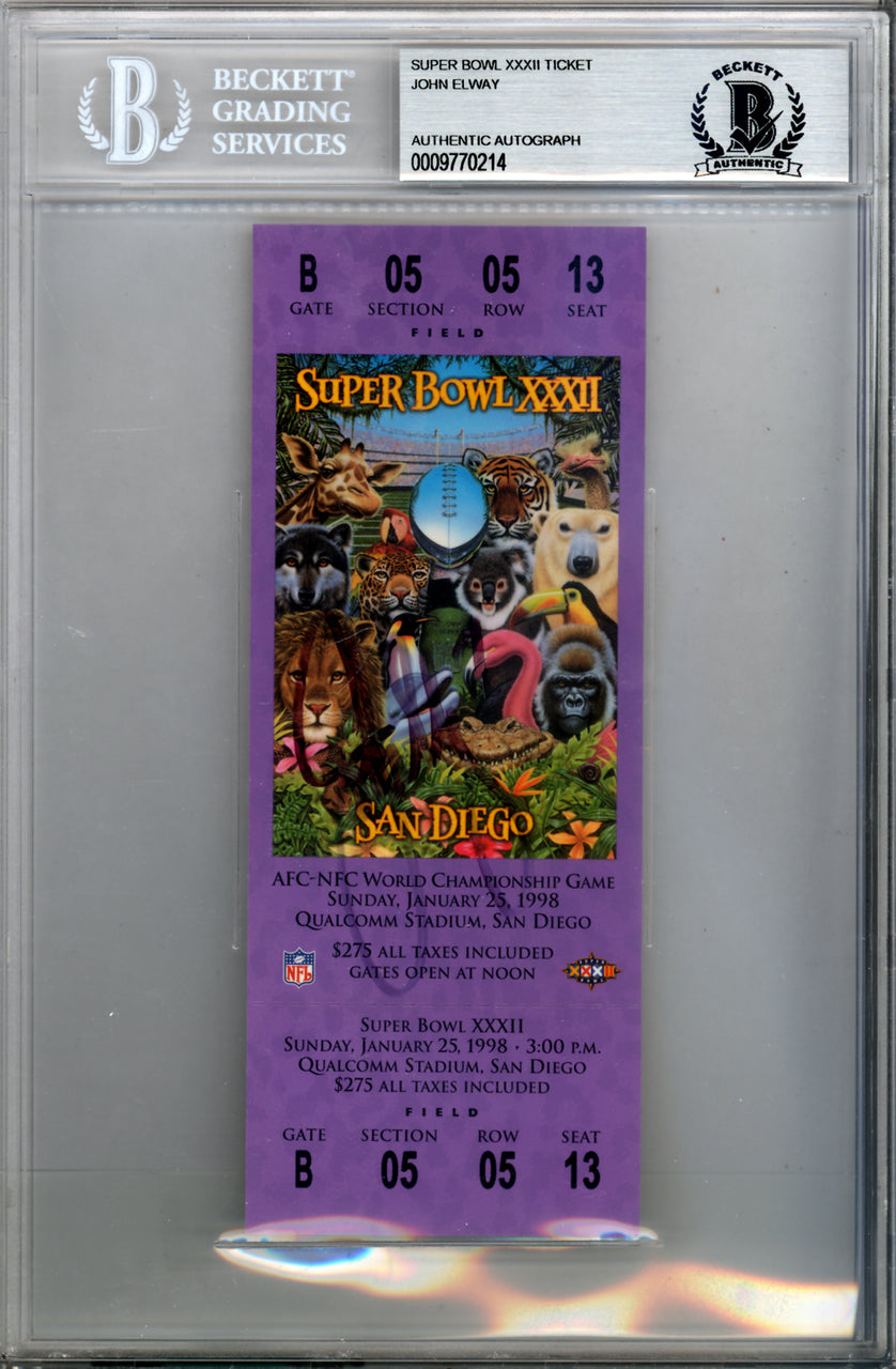 John Elway Autographed SB XXXII Purple Ticket Denver Broncos Beckett BAS #9770214