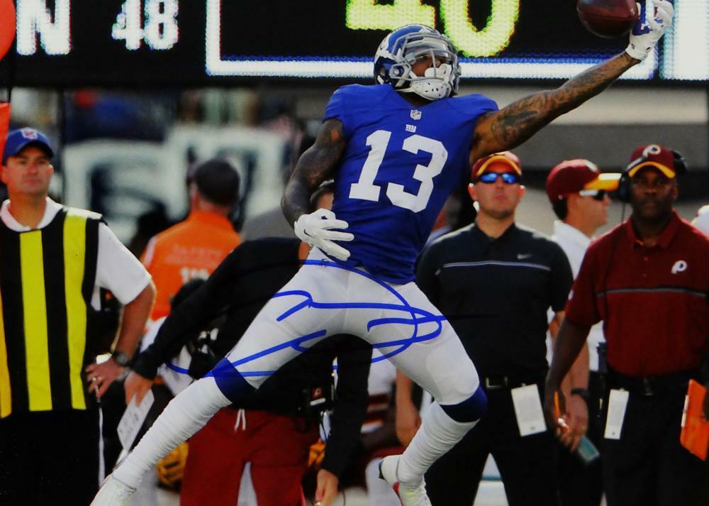 Odell Beckham Signed NY 8x10 One Handed Catch *Blue Jersey PF Photo- JSA W Auth