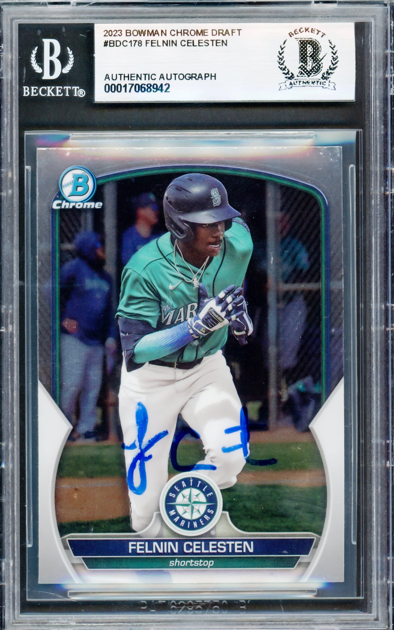 Felnin Celesten Autographed 2023 Bowman Chrome Draft Rookie Card #BDC178 Seattle Mariners Beckett BAS #17068942