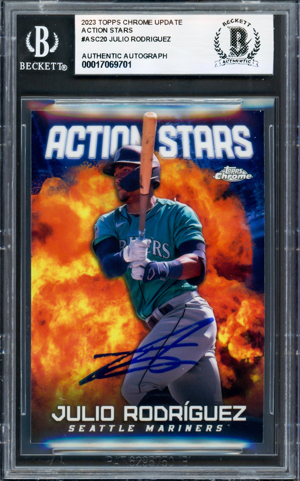 Julio Rodriguez Autographed 2023 Topps Chrome Action Stars Card #ASC-20 Seattle Mariners Beckett BAS #17069701