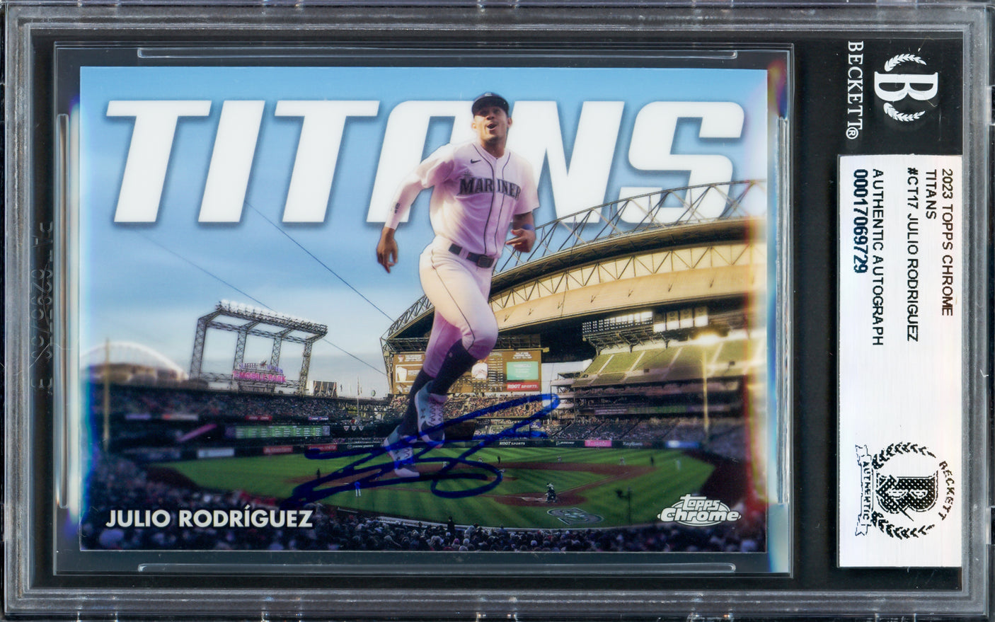 Julio Rodriguez Autographed 2023 Topps Chrome Titans Card #CT-17 Seattle Mariners Beckett BAS #17069729