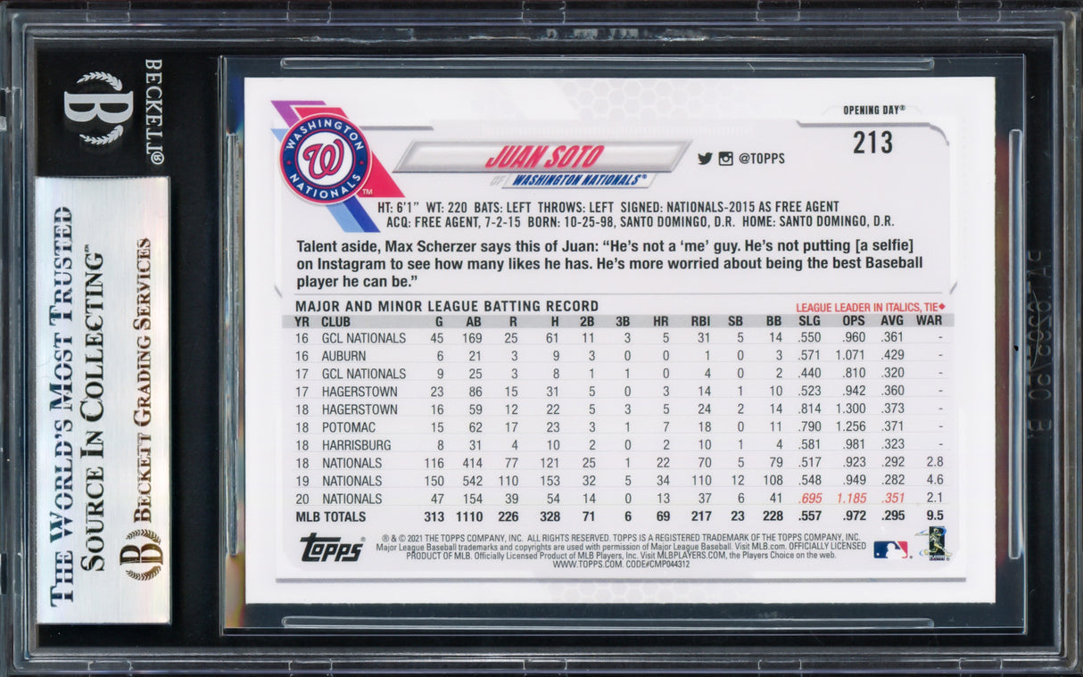 Juan Soto Autographed 2021 Topps Opening Day Card #213 New York Mets Beckett BAS #17069738