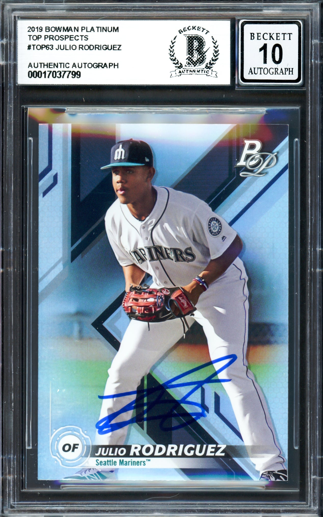 Julio Rodriguez Autographed 2019 Bowman Platinum Rookie Card #TOP63 Seattle Mariners Auto Grade Gem Mint 10 Beckett BAS #17037799