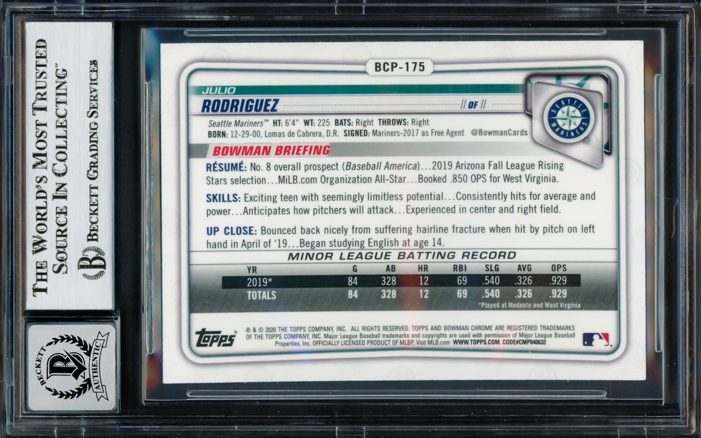 Julio Rodriguez Autographed 2020 Bowman Chrome Rookie Card #BCP175 Seattle Mariners Auto Grade Gem Mint 10 Beckett BAS #17037508